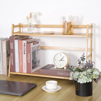 2-Tier Ladder Desktop Bookshelf, 23.62" Wide Wooden Countertop Storage Hutch for Office, Dorm and Home, Small Desk Organizer for Books and Decor