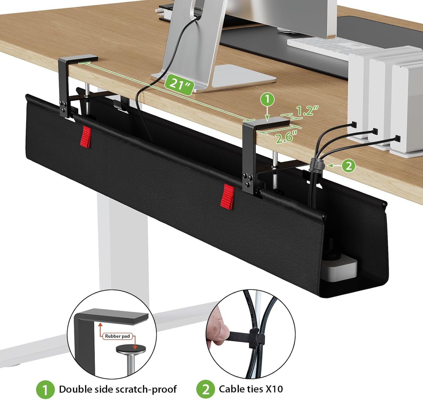 KEEGH Extra Large 48" Under Desk Cable Management Tray - Under Desk Cord Management - Clamp/Screw Mount - Support Upto 70lbs - Fabric Wire Management - Cable Raceways Tray Cord Hiders for Office/Home