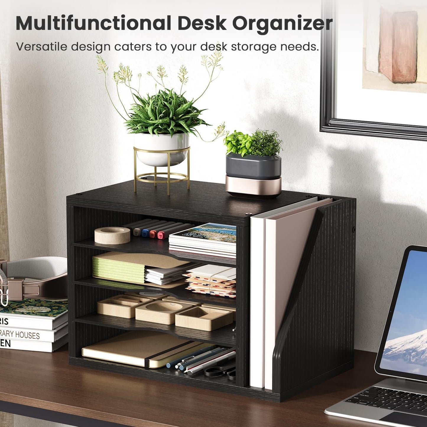 Creso hom Mail Sorter, File Organizer Desktop, Wood Desk Organizer with 3 Adjustable Shelves, Mail Holder for Office, Home, Letter Sorter File Holders for Envelopes, Supplies Magazines, Rustic Brown
