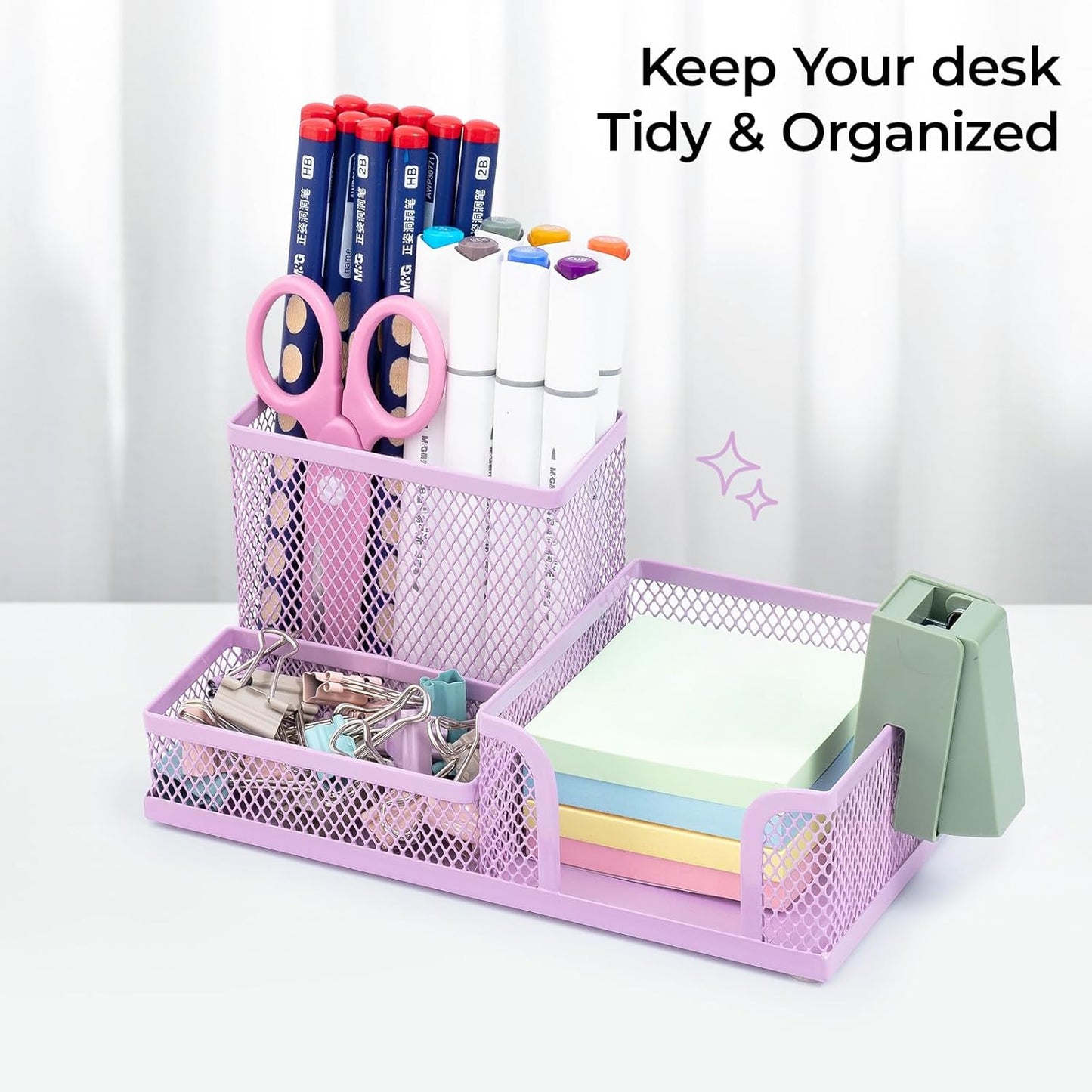 M&G Mesh Pen Holder Desk Organizers Pencil Holder for Desk Black, 3 Compartments Metal Office Supply Organizer with Sticky Notes Holder for School Home Office