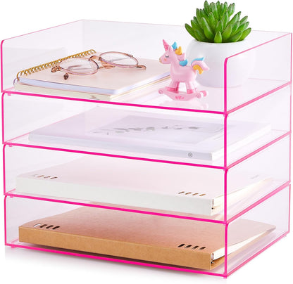 Harloon 4 Tier Paper Organizer Letter Tray Acrylic Desk File Organizer Heavy Duty Stackable Documents Clear Letter Paper Holder Sorter Office Tray for A4, Office Classroom Home File Pad Notebooks