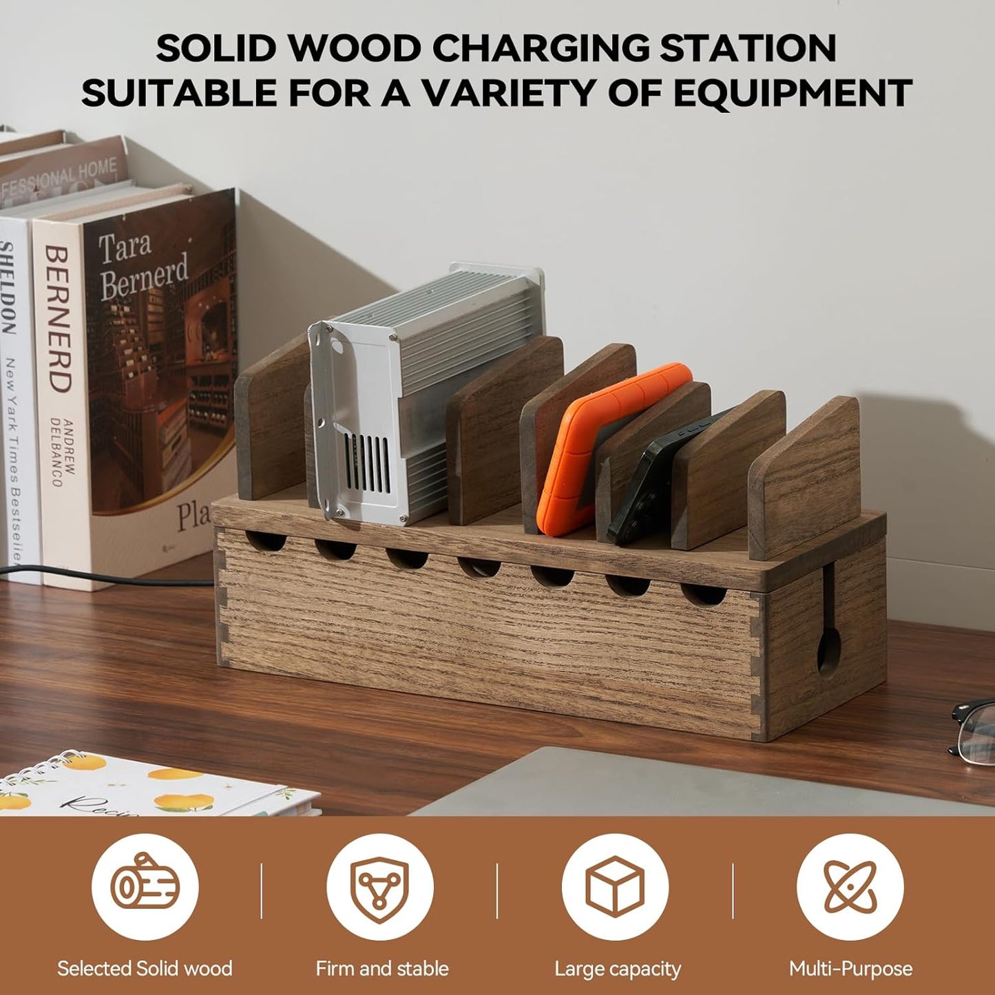 KIRIGEN Charging Station Organizer for Multiple Devices Desktop Organizer Wooden Cable Management with 7 Ports for Cell Phones, Tablets, Earphones GDXH-DBR