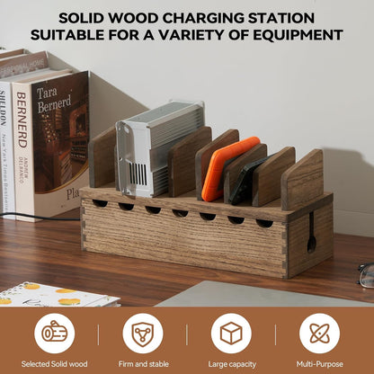 KIRIGEN Charging Station Organizer for Multiple Devices Desktop Organizer Wooden Cable Management with 7 Ports for Cell Phones, Tablets, Earphones GDXH-DBR