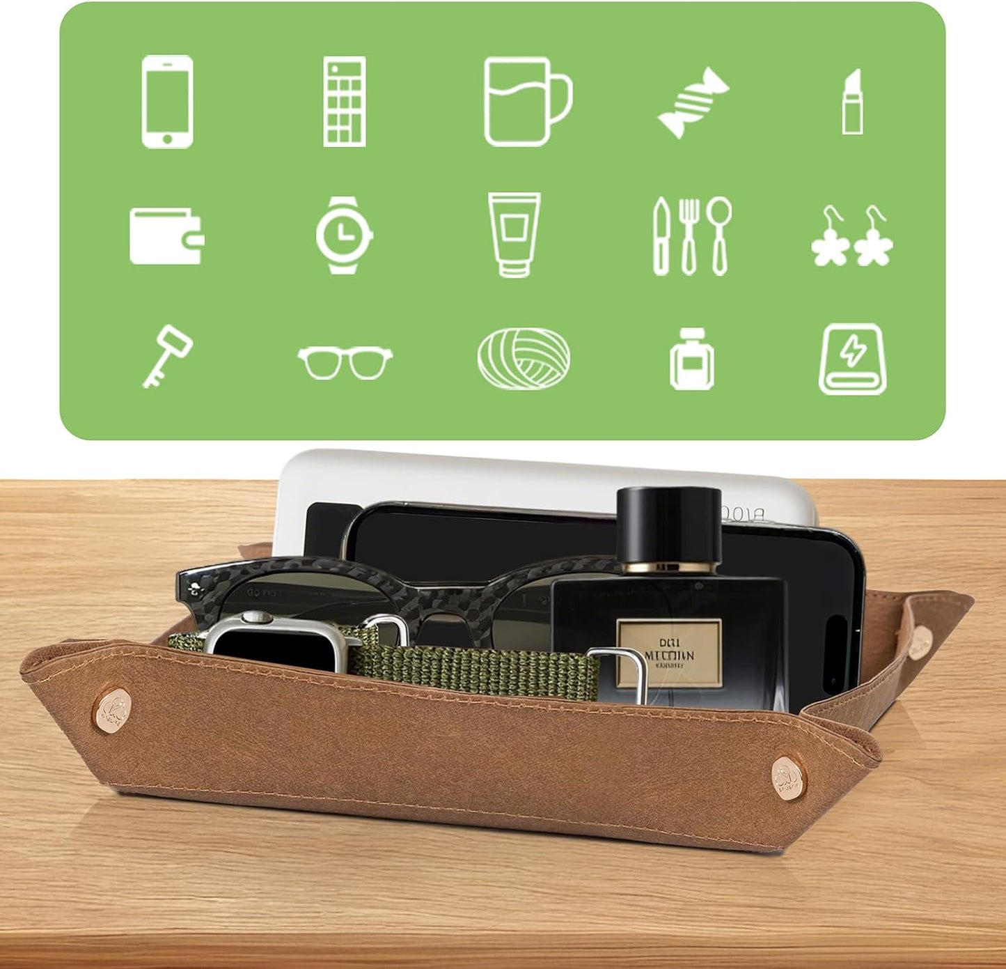 Foldable Valet Tray Set of 3 - Red, Green, Brown - Organizer for Desktop, Nightstand, Office, Travel & Holiday Gifts for Men, Women