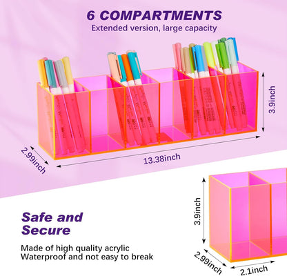 Jetec Acrylic Pen Holder 6 Compartments Makeup Brush Stationery Organizer Pencil Holder for Desk Accessories, Cosmetic Brushes, Dorm, Home, Bathroom, Kitchen, Office Supplies(Neon Pink)
