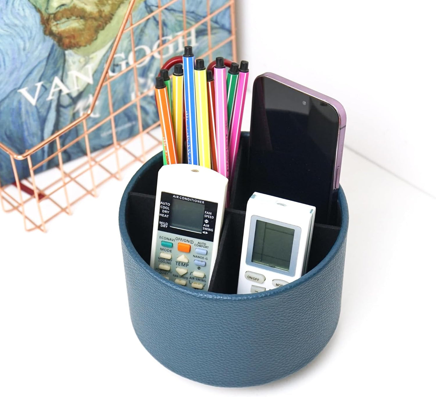 Hennaja Round Leather Art Supply Organizer,Remote Control Holder,360 Degree Rotating,Multi-Functional Pencil Holder,4 Compartments Desktop Stationary Organizer(1-Blue Bird) - Colors A