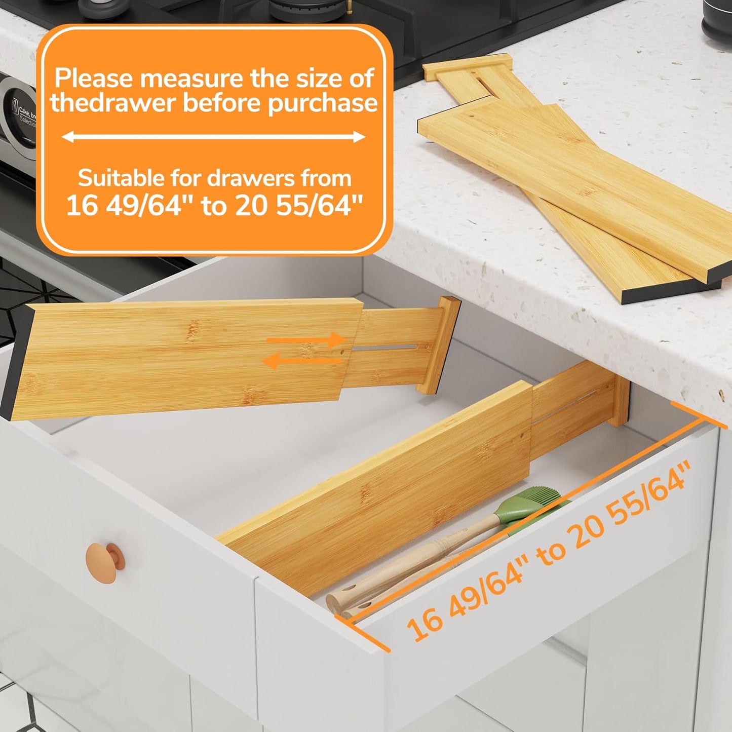 BAMEOS Drawer Dividers kitchen Organization Bamboo Utensil Organizers for Kitchen Bedroom Bathroom Dresser Office 4-pack