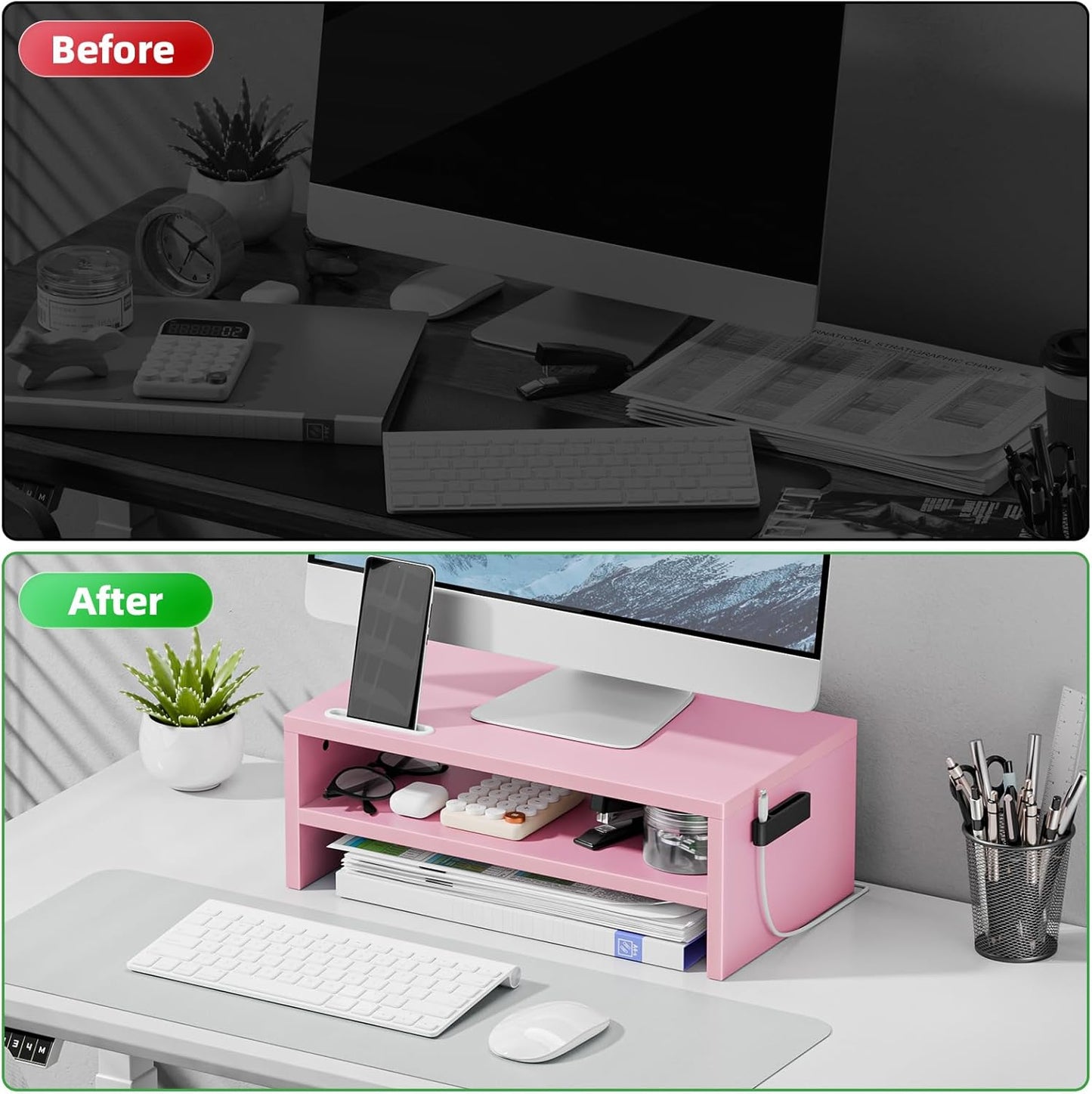 Marbrasse Monitor Stand Riser, 2 Pack 16.5 Inch 2 Tier Computer Monitor Stand, Printer Shelf Stand for Laptop Computer Screen Storagek,Desktop Stand with Phone Holder and Cable Management