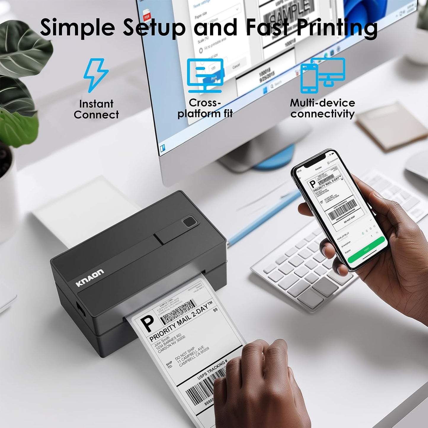 KNAON Bluetooth Thermal Shipping Label Printer, 4x6 Portable Thermal Address Label Printer for Small Business, Compatible with iPhone,Android,Windows,Mac–Works with Etsy Shopify USPS&More, White