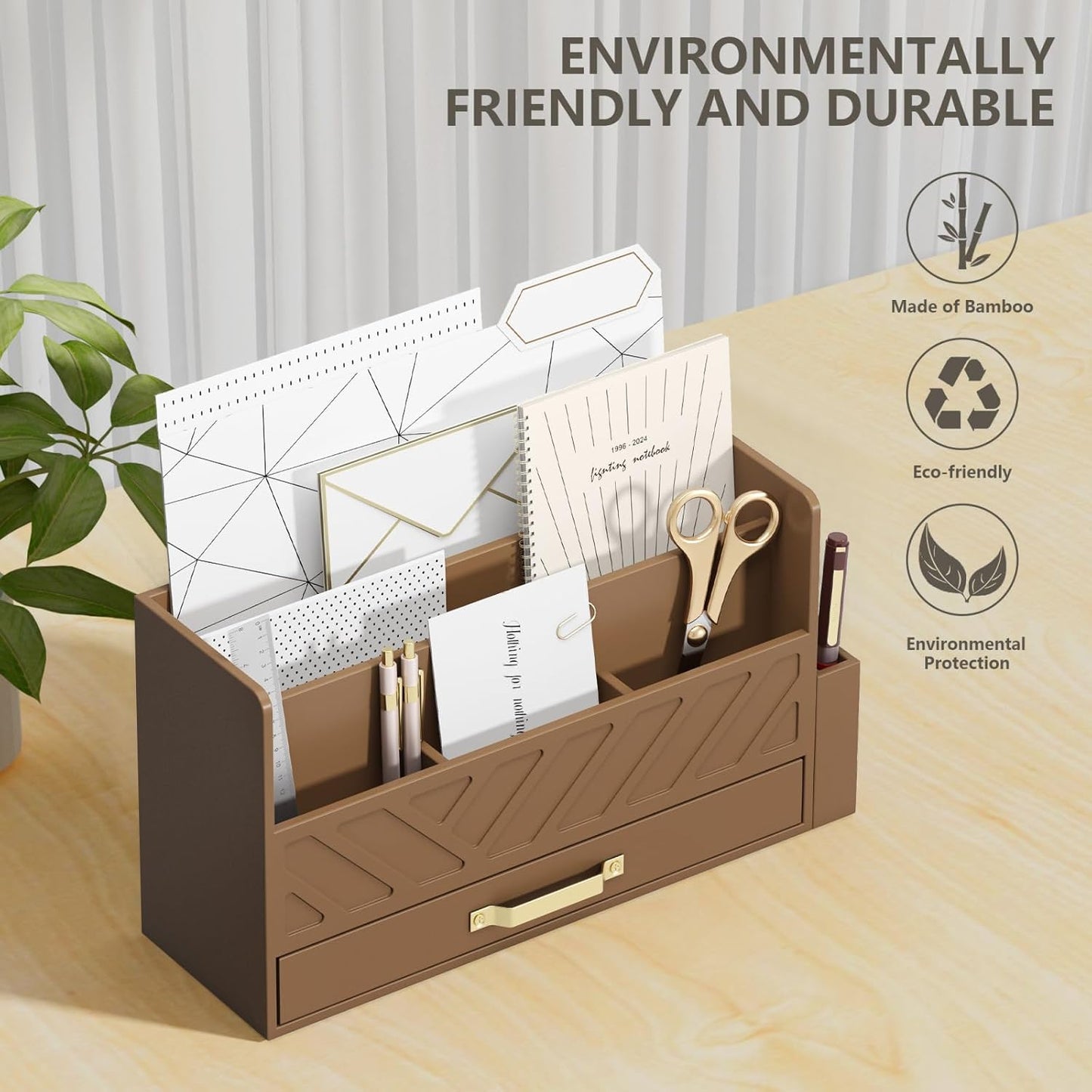WISUCART Bamboo Desk Organizer Mail Holder Countertop Wood Desk Drawer Tabletop Storage Box Pen Holder Letter Sorter Makeup Organizer for School Home Office Supplies with Pen Holder White