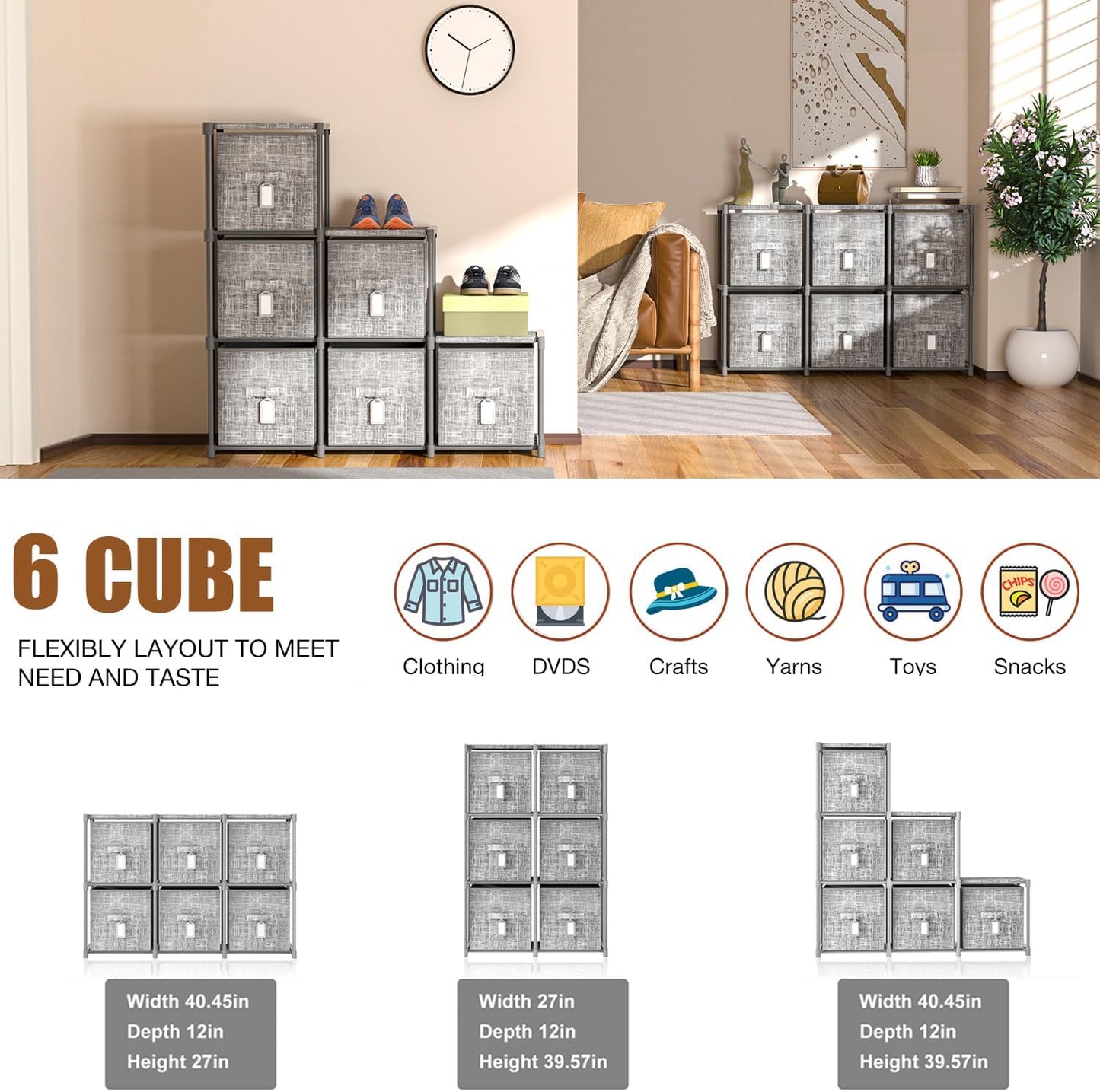 LUKYTOWER Cube Storage Organizer Shelf with Printed Bins + Labels, Cubby Storage Organizer with Bins, Large Capacity Shelves for Storage,Closet, Living Room, Dorm, Yarn (Grey, 6 Cube)