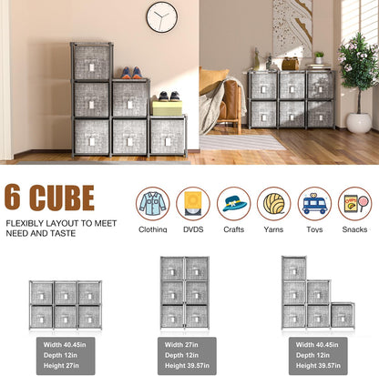 LUKYTOWER Cube Storage Organizer Shelf with Printed Bins + Labels, Cubby Storage Organizer with Bins, Large Capacity Shelves for Storage,Closet, Living Room, Dorm, Yarn (Grey, 6 Cube)