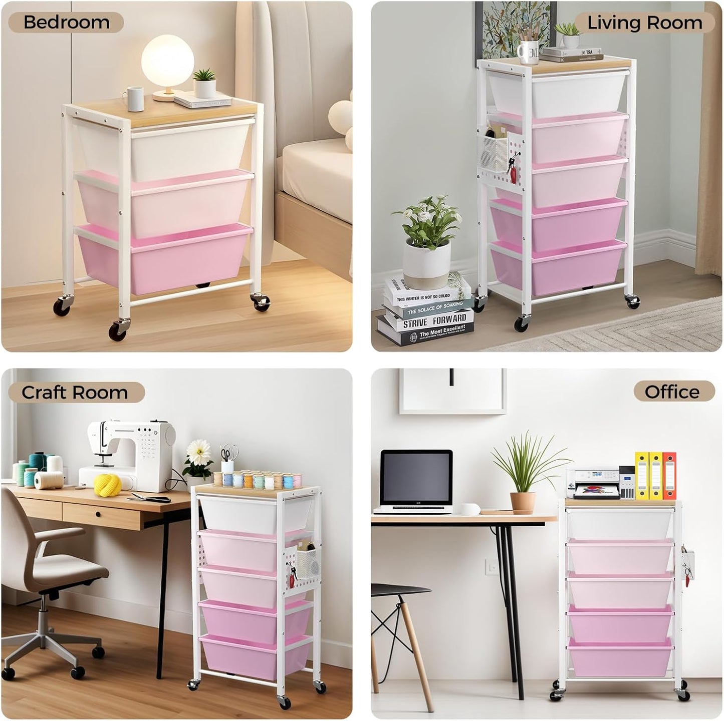 Rolling Cart with 3 Drawers, Plastic Drawer Storage Carts with Lockable Wheels & Wooden Tabletop, Metal Utility Cart Organizer, Office Bedroom Classroom Craft Organization and Storage, Bright White