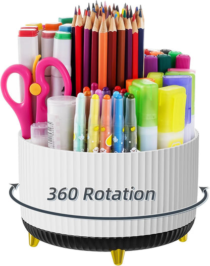 Marbrasse Desk Organizer, 360-Degree Rotating Pen Holder, Desk Organizers and Accessories with 5 Compartments Pencil Holder, Art Supply Storage Box Caddy for Office, Home（White）