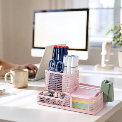 M&G Mesh Pen Holder Desk Organizers Pencil Holder for Desk Black, 3 Compartments Metal Office Supply Organizer with Sticky Notes Holder for School Home Office