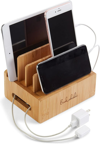 Bamboo Charging Station & Multi-Device Organizer – Large Capacity Desktop Dock for Smartphones, iPhone, iPad, and Tablets