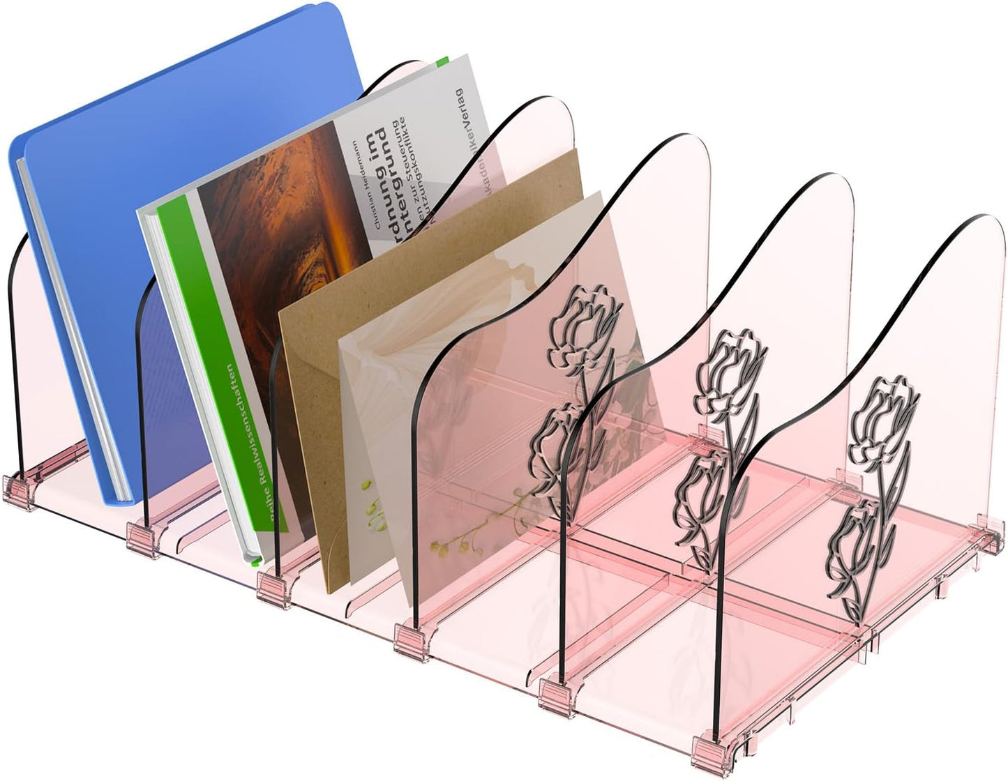 Adjustable Rose File Organizer for Desk, Vertical File Folder Holders for Magazines, Upright Desktop Binder Organizer, Clear Paper Bookshelf Divider File Sorter for School Office Supplies