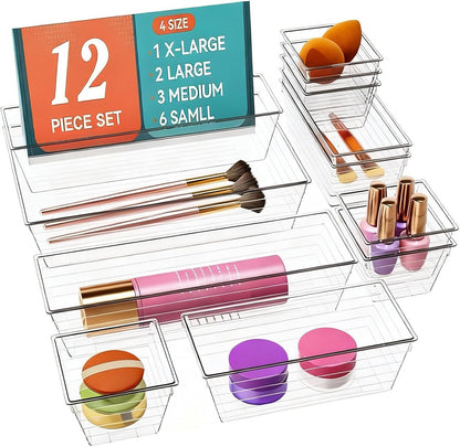 DCA 6 Pack Clear Drawer Organizer, Acrylic Drawer Storage Trays, Storage Bins for Makeup, Cosmetics, Jewelries, Utensils, Gadgets, Office