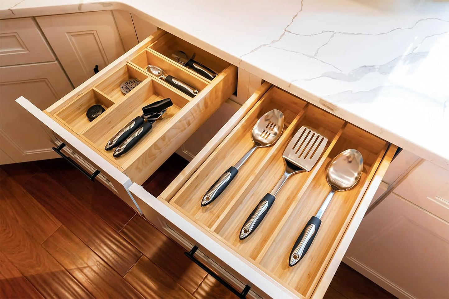 Umilife Bamboo Kitchen Drawer Organizer, 13 Inch Silverware Utensil Tray Holder, Extra Deep Grooved Drawer Divider, 7 Slots Total Bamboo Wood Caddy for Flatware Cutlery Knives, Forks, Spoons