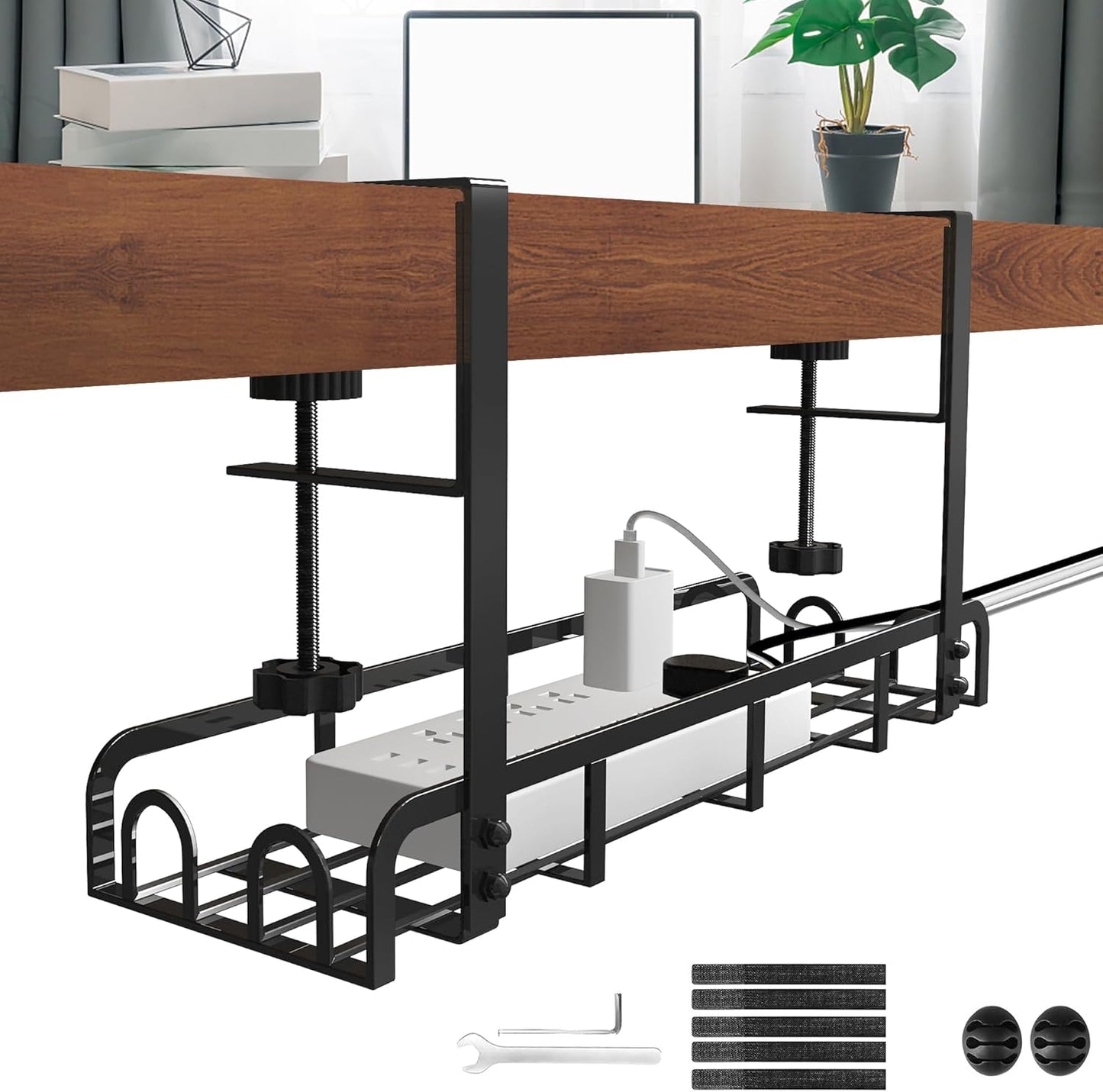 Sleclean Under Desk Cable Management Tray, 2 Pack, 16.6"x4.7" Steel Cable Organizers With Upgraded Long Arm Clamp, No Drill Wire Management for Home - No Damage to Desk
