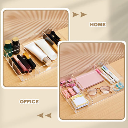 Briwooody 3 Pcs Clear Acrylic Desk Drawer Organizer 13.7 x 8.7 x 2 Inch Drawer Organizer Trays with 8 Compartments Desk Accessories for Office Makeup Silverware Bathroom