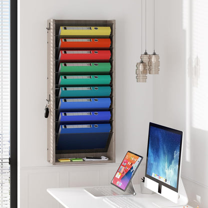 Creso hom Mail Organizer Wall Mounted, 6-Tier Wall File Organizer with 2 Hooks, Wooden Desk Organizer Magazine Holder with Bottom Flat Tray, for Office Home, Rustic Brown
