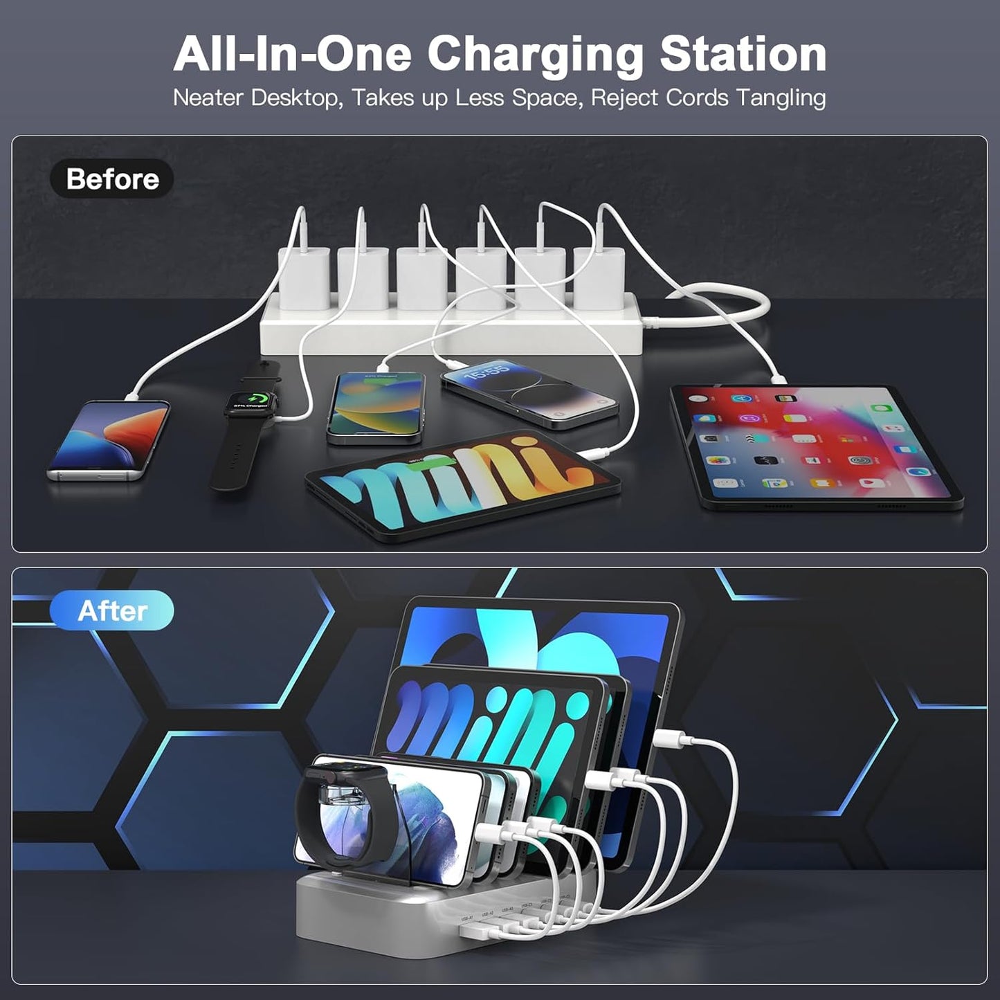 MSTJRY 90W 6-Port USB C Fast Charging Station for Multiple Devices, Multi PD Charger Station for iPhone iPad Tablet Phone, Charging Dock Organizer with Adjustable Dividers for Home Office Classroom