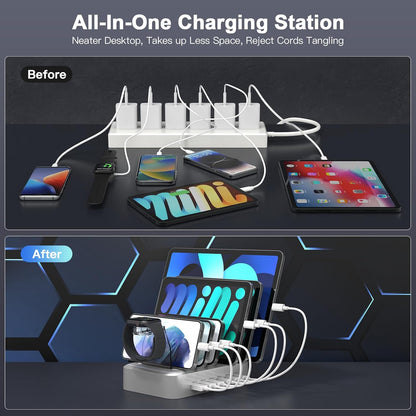 MSTJRY 90W 6-Port USB C Fast Charging Station for Multiple Devices, Multi PD Charger Station for iPhone iPad Tablet Phone, Charging Dock Organizer with Adjustable Dividers for Home Office Classroom