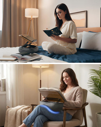 Viozon Lap Book Pillow Stand with Storage, Adjustable Beanbag Reading Pillow with Dark Wood Panel, Multi-Angle Book Holder for Hands-Free Reading in Bed or Sofa,Book Lover Essential, Soft Cushion
