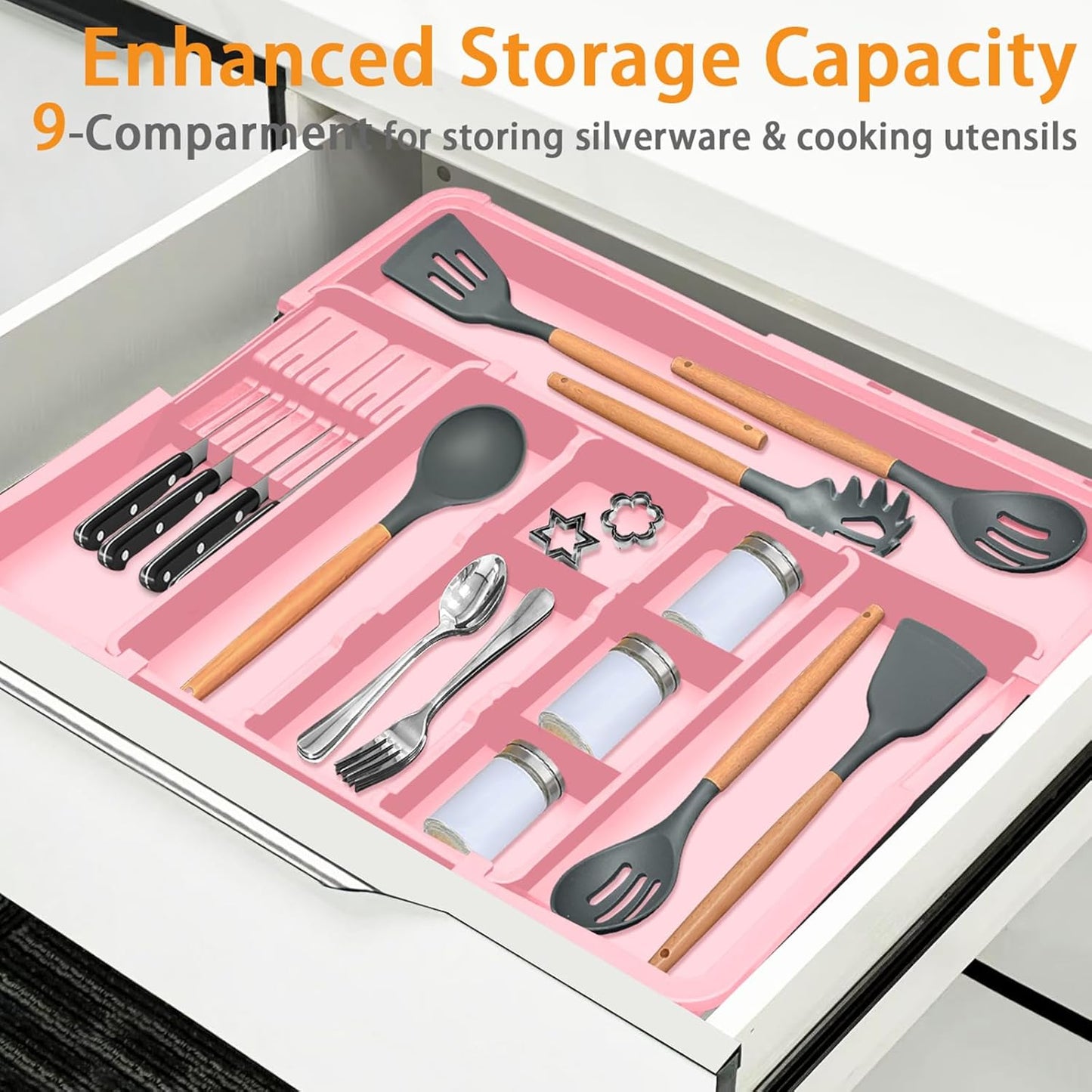 Homecor Large Utensil Organizer for Kitchen Drawer, Expandable Silverware Drawer Organizer Cooking Tray, Cutlery and Flatware Utensil Holder Kitchen Spatula Tools Storage with 3 Dividers, Grey