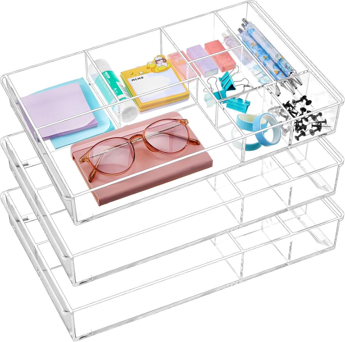 Briwooody 3 Pcs Clear Acrylic Desk Drawer Organizer 13.7 x 8.7 x 2 Inch Drawer Organizer Trays with 8 Compartments Desk Accessories for Office Makeup Silverware Bathroom