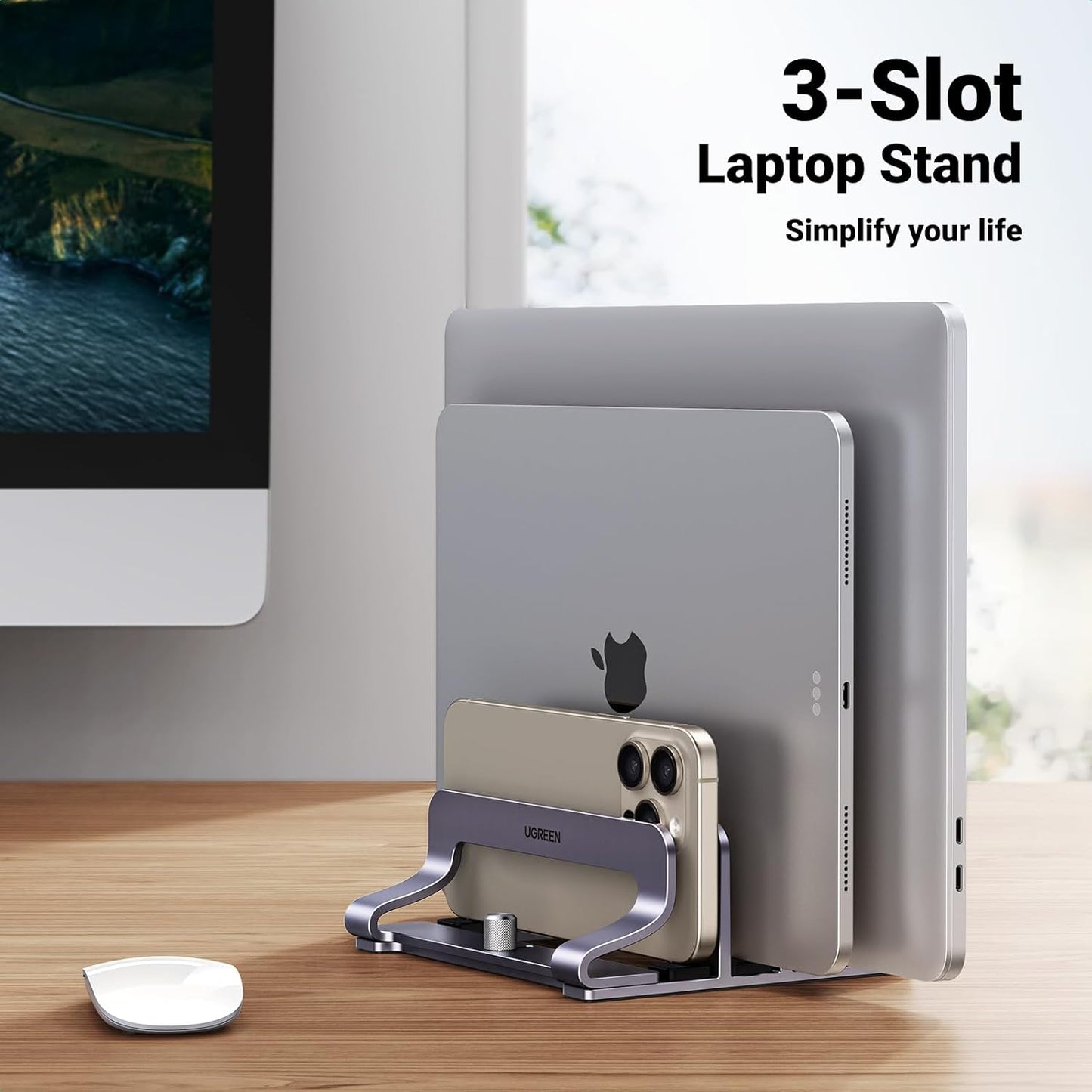 UGREEN 3-Slot Vertical Laptop Stand Holder Desk Compatible with MacBook Pro Air Laptop Stand Desktop Adjustable, Lenovo Ideapad, Surface Book, HP Notebook, Dell Chromebook Up to 17.3 Inch, Space Gray