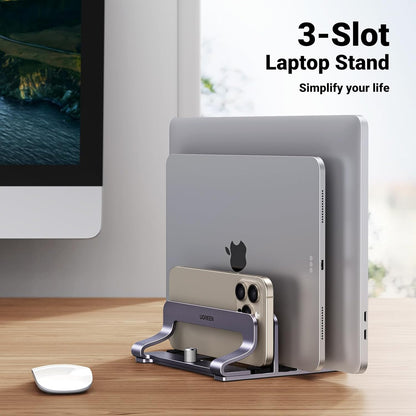 UGREEN 3-Slot Vertical Laptop Stand Holder Desk Compatible with MacBook Pro Air Laptop Stand Desktop Adjustable, Lenovo Ideapad, Surface Book, HP Notebook, Dell Chromebook Up to 17.3 Inch, Space Gray