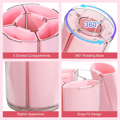 Comix 360° Rotating Pen Holder for Desk, Cute Pencil Holder Pen Organizer, Beige Acrylic Pencil Cup Caddy with 5 Slots for Home School Office Supplies