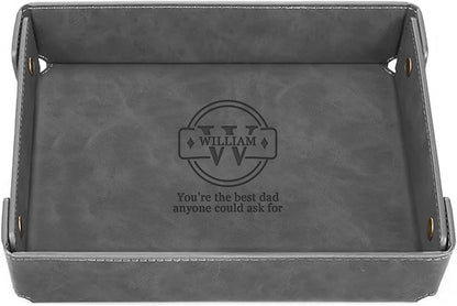 Engraved Leather Valet Tray for Men – Personalized Catchall with Custom Name for Desk, Dresser, Nightstand – Men's Organizer Tray for Keys, Wallet, Jewelry, Personalized Gift for Home, Office - Coffee
