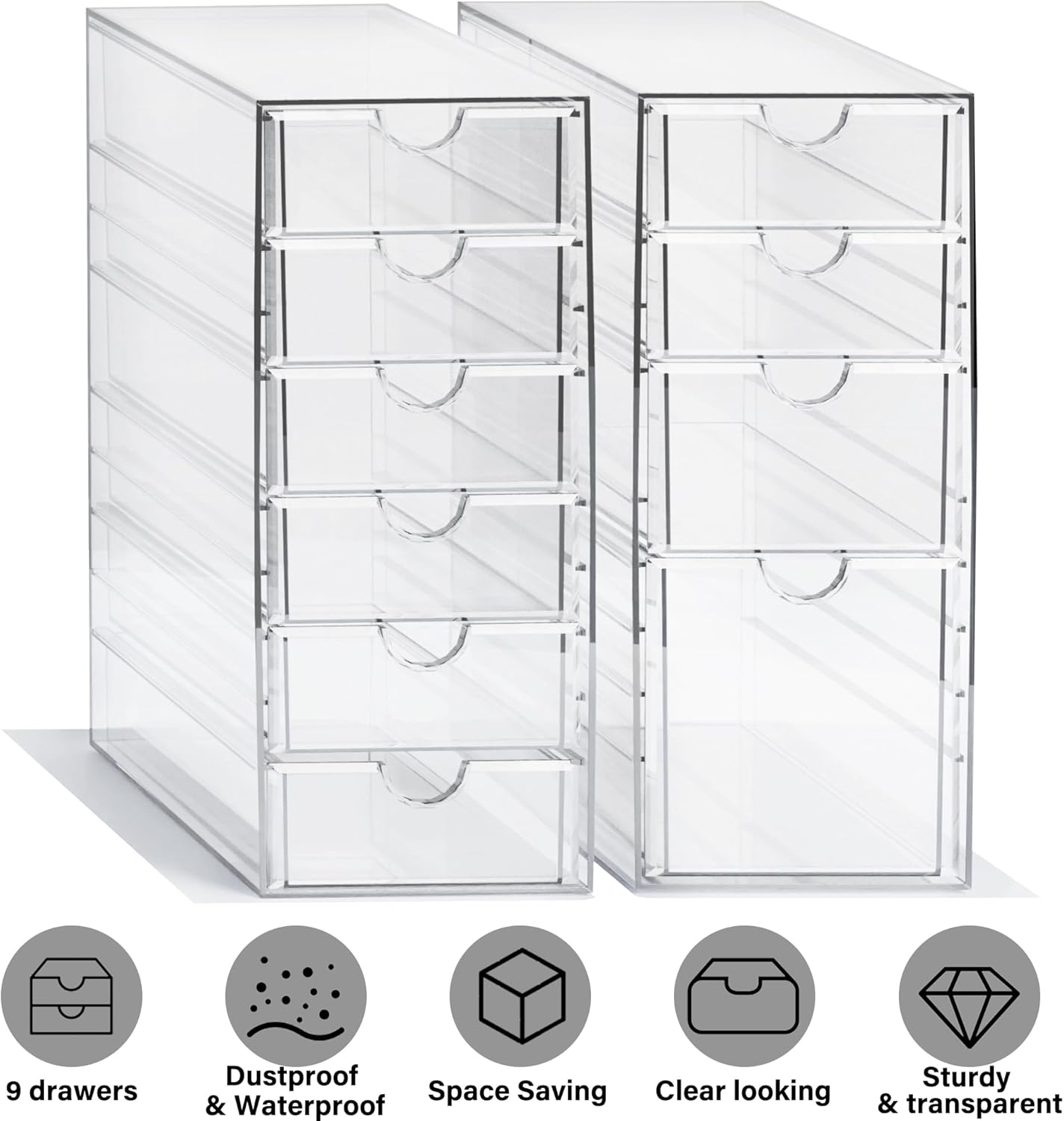 Prsildan Acrylic Makeup Organizer, 2 Pack Stackable Storage Drawers with 6 Drawers for Office Desk Vanity Craft Room Clear Drawer Organizers for Hair Accessories Art Supplies Cosmetics Modular System