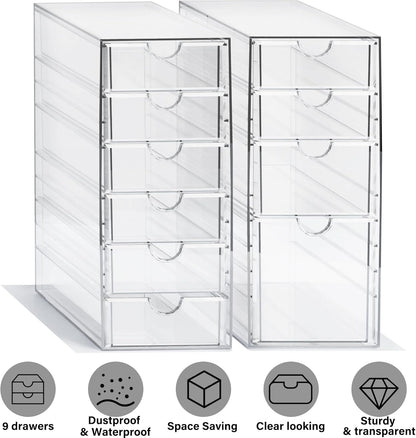 Prsildan Acrylic Makeup Organizer, 2 Pack Stackable Storage Drawers with 6 Drawers for Office Desk Vanity Craft Room Clear Drawer Organizers for Hair Accessories Art Supplies Cosmetics Modular System