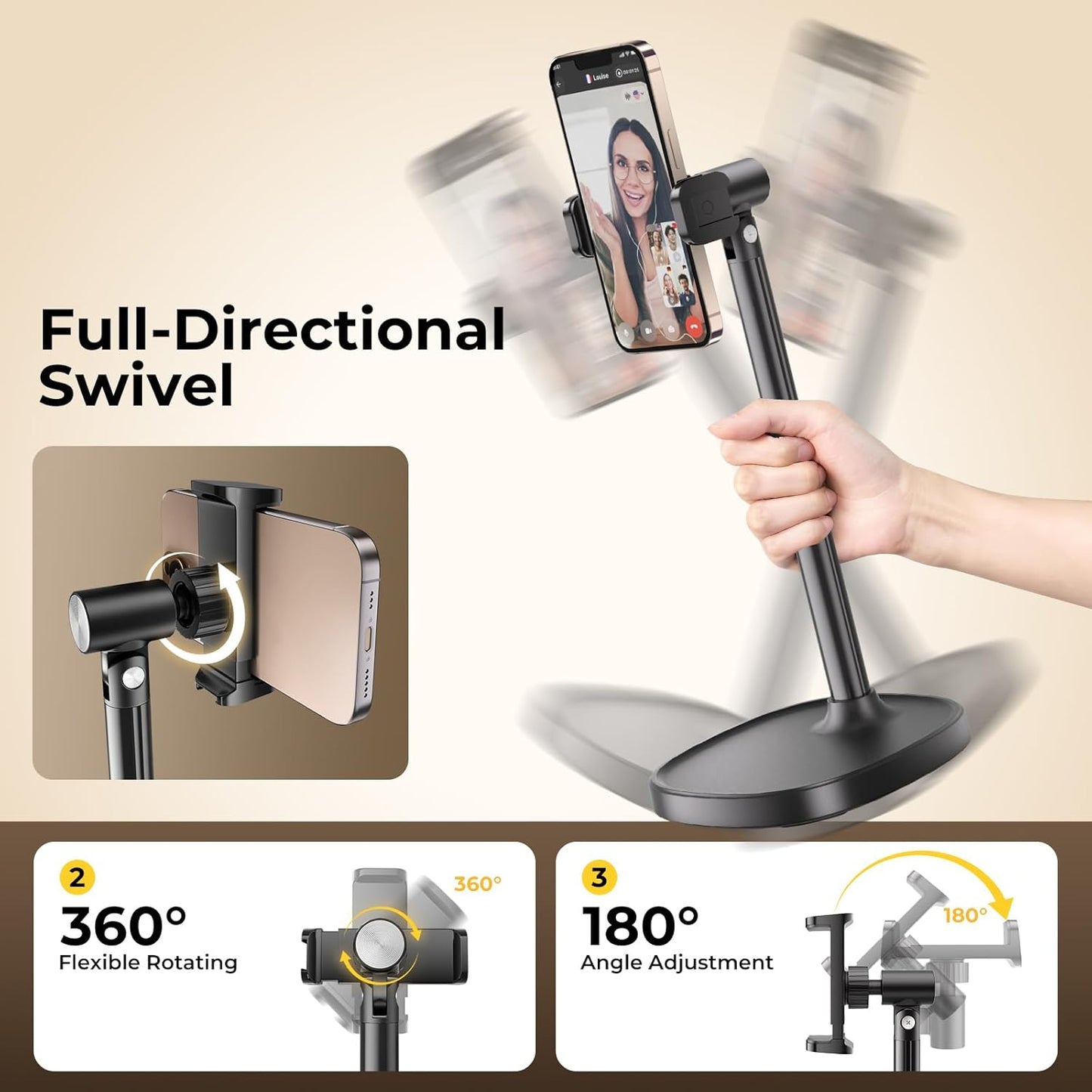 Desktop Phone Stand, Adjustable Height & Angle Holder, Compatible with iPhone, Samsung, Android Smartphones - Night Black
