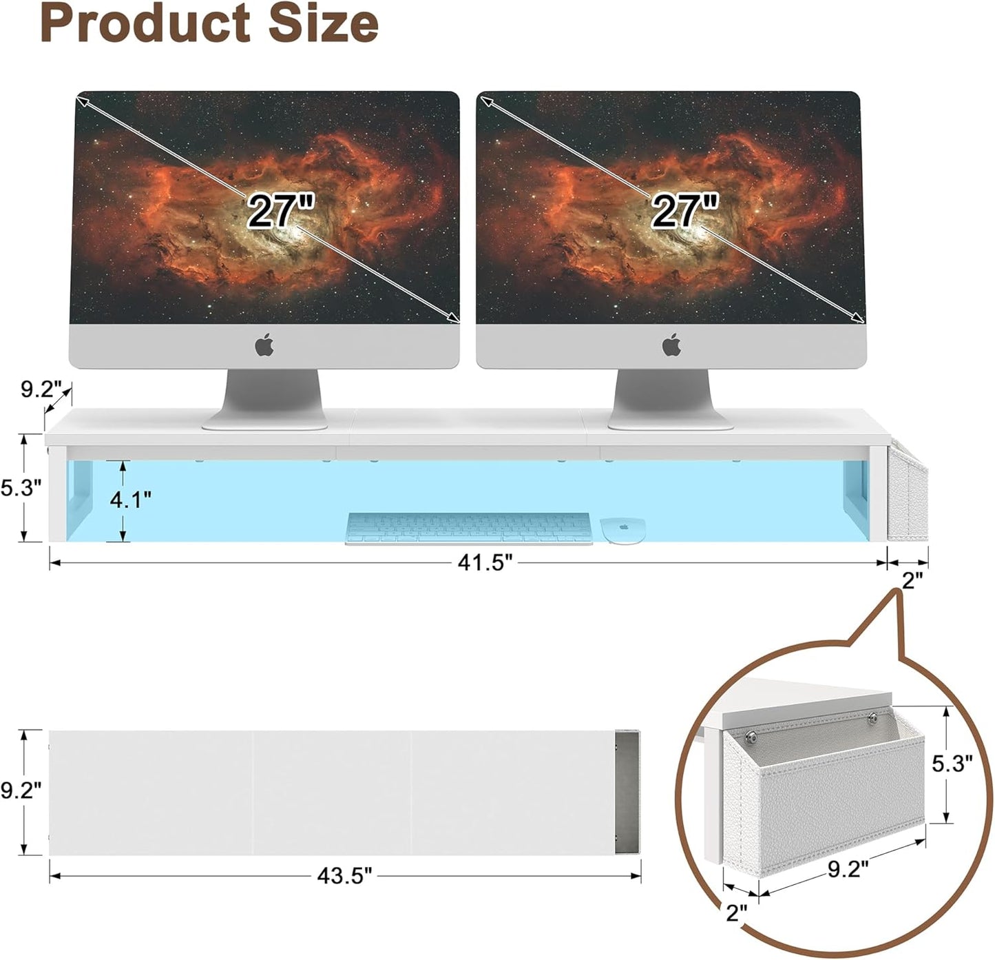 LAND·VOI Heavy Duty Dual Monitor Stand, Holds 2 Screens Up to 27 Inches, Adjustable Length and Angle Monitor Riser, Desk Organizer with Side Pockets and Drawers, Home Office Desk Storage, Rustic Brown