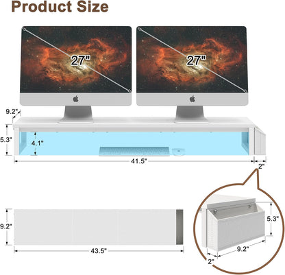 LAND·VOI Heavy Duty Dual Monitor Stand, Holds 2 Screens Up to 27 Inches, Adjustable Length and Angle Monitor Riser, Desk Organizer with Side Pockets and Drawers, Home Office Desk Storage, Rustic Brown
