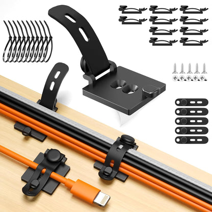 Viaky Under Desk Cable Management, 10-Pack Adjustable Adhesive Cable Clips with Silicone Straps, Multi-Purpose Wire Cord Organizers for PC, TV and Office Desk