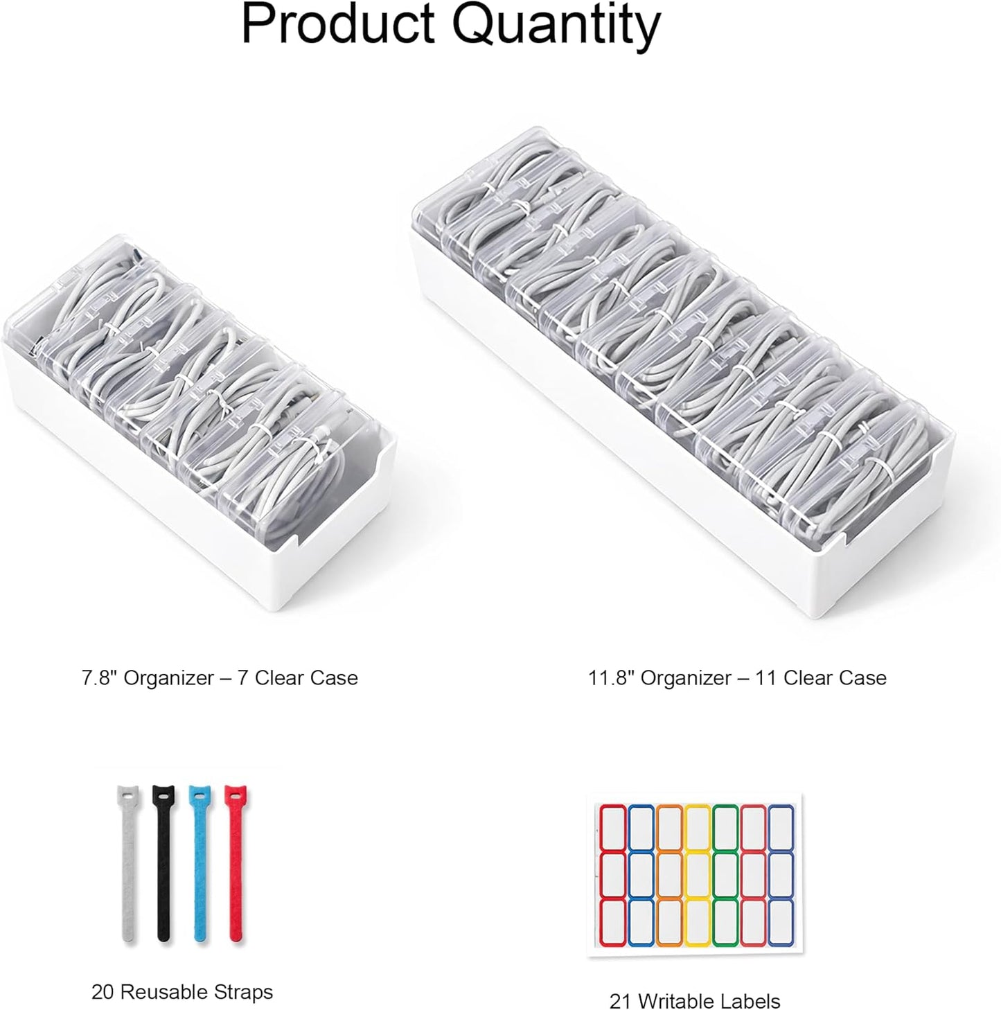 2 Pack Cable Organizer Box Set with 7 and 11 Clear Cases for Charging Cables, Chargers, Earphones and Small Accessories, Includes Cable Ties and Labels for Home, Desk and Drawer