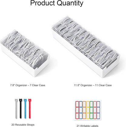 2 Pack Cable Organizer Box Set with 7 and 11 Clear Cases for Charging Cables, Chargers, Earphones and Small Accessories, Includes Cable Ties and Labels for Home, Desk and Drawer