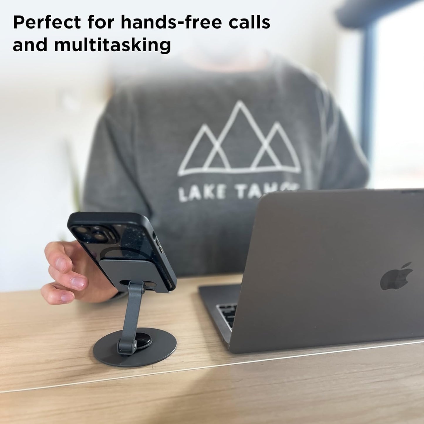 Uncaged Ergonomics 360° Swivel Rotating Adjustable Phone Stand for Desk, Portable & Foldable Cell Phone Stand for Desk, Compact Mobile Stand for Tabletop, Office, Kitchen & Bedroom (Black)
