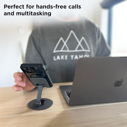 Uncaged Ergonomics 360° Swivel Rotating Adjustable Phone Stand for Desk, Portable & Foldable Cell Phone Stand for Desk, Compact Mobile Stand for Tabletop, Office, Kitchen & Bedroom (Black)