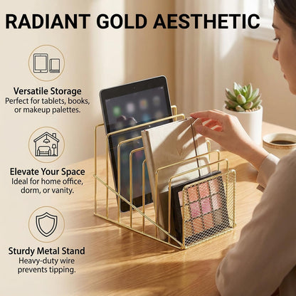Simmer Stone Rose Gold Desk Organizer 7 Slot Inclined Vertical File Folder Holder Sorter with Mesh Front – Metal Wire Rack for Mail, Slim Binders, Books Office Organization & Desktop Accessories