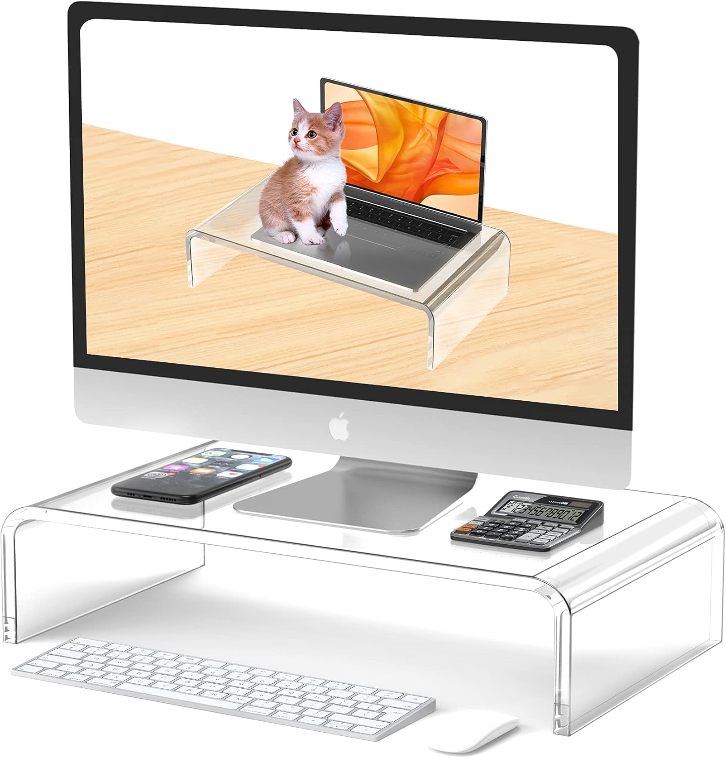 Acrylic Monitor Stand Riser Acrylic Laptop Stand for Desk Clear Computer Monitor Stand for Desk Accessories White Aesthetic Decorations for Office Home iMac Organizer