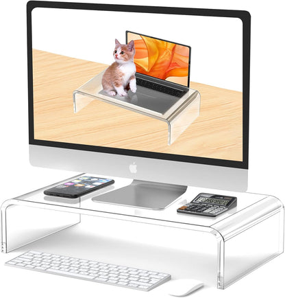 Acrylic Monitor Stand Riser Acrylic Laptop Stand for Desk Clear Computer Monitor Stand for Desk Accessories White Aesthetic Decorations for Office Home iMac Organizer