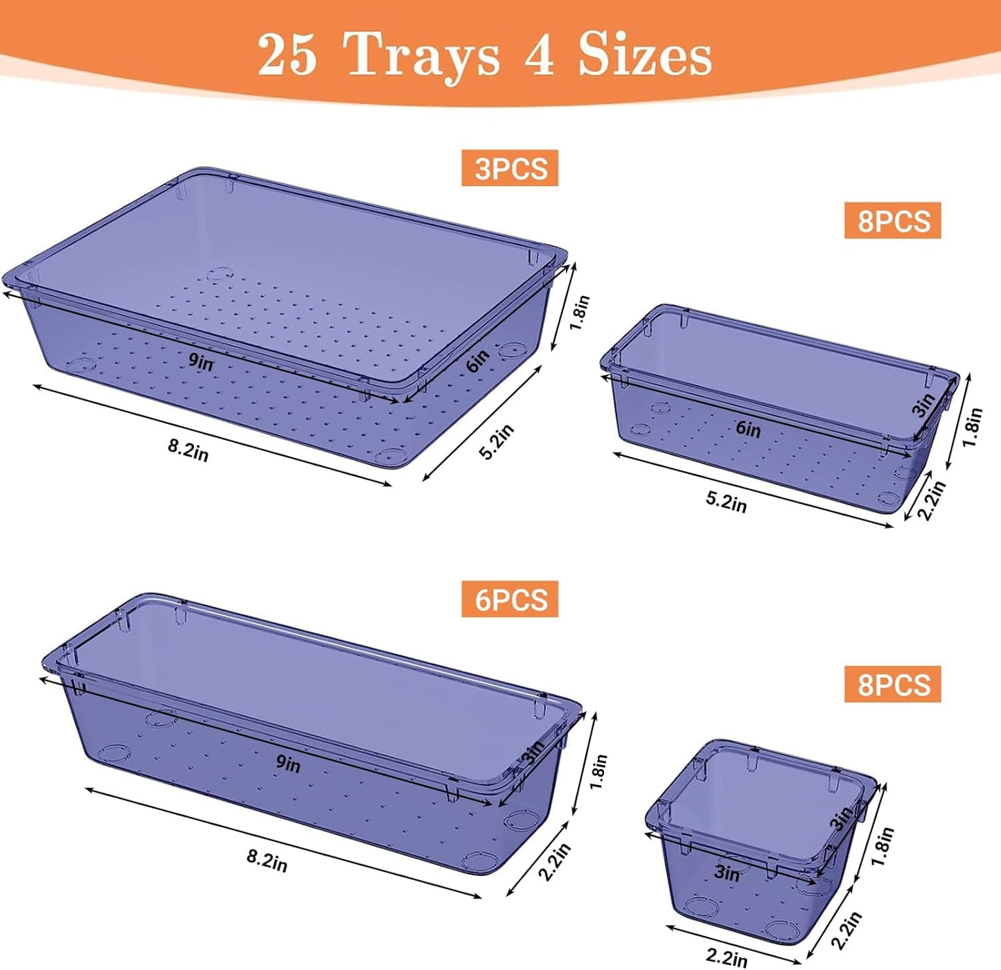 SpaceHacks 25 PCS Plastic Drawer Organizer Set, 4-Size Versatile Organizer Tool Trays & storage Bins for Makeup, Jewelry, and Gadgets in Bathroom, Bedroom and Office,Clear Black