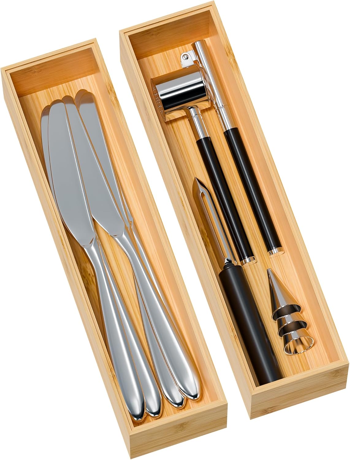 Kitchen Drawer Organizer Bins, Stackable Bamboo Drawer Organizer for Silverware, Flatware, Coffee Pod Organizer K Cup Holder for Countertop, 2 Pcs Coffee Station Organizer 12" x 6" x 2.5"